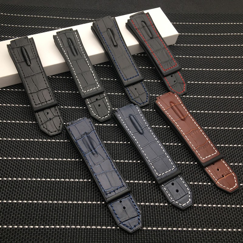 29*19mm Black Blue Brown Real Cow Leather With Silicone Watchband Watch Band For Hublot Strap For King Power Series Hub Logo On