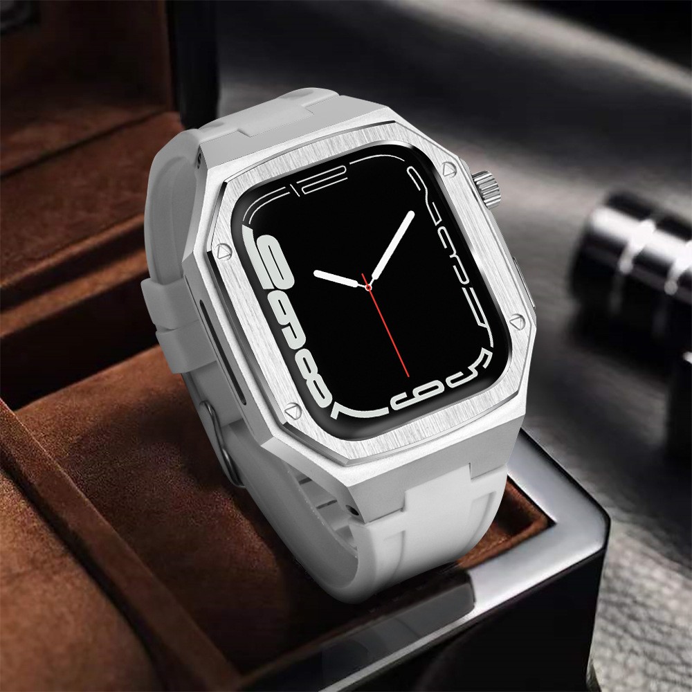 Stainless Steel Modification Kit for Apple Watch Case 4 5 6 44mm 45mm Metal Rubber Straps Style for iWatch Series 7 6 SE 5 4