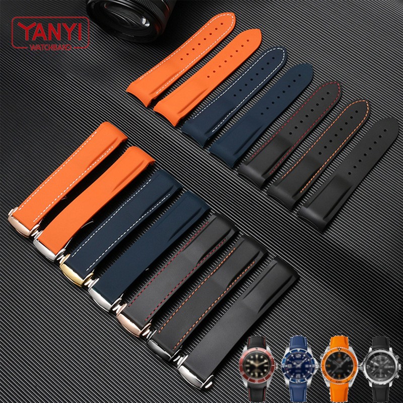 Rubber watch strap 20mm 22mm silicone watchband suitable for omega watch band folding clasp curved end wrist strap