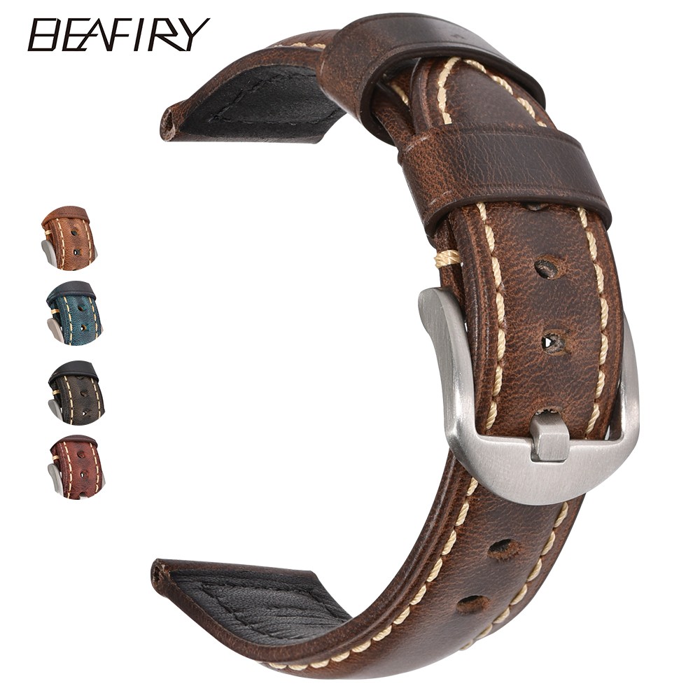 BEAFIRY Fashion Oil Wax Genuine Leather Watch Band 19mm 20mm 21mm 22mm 23mm 24mm Watch Straps Watchbands Strap Brown Blue Black