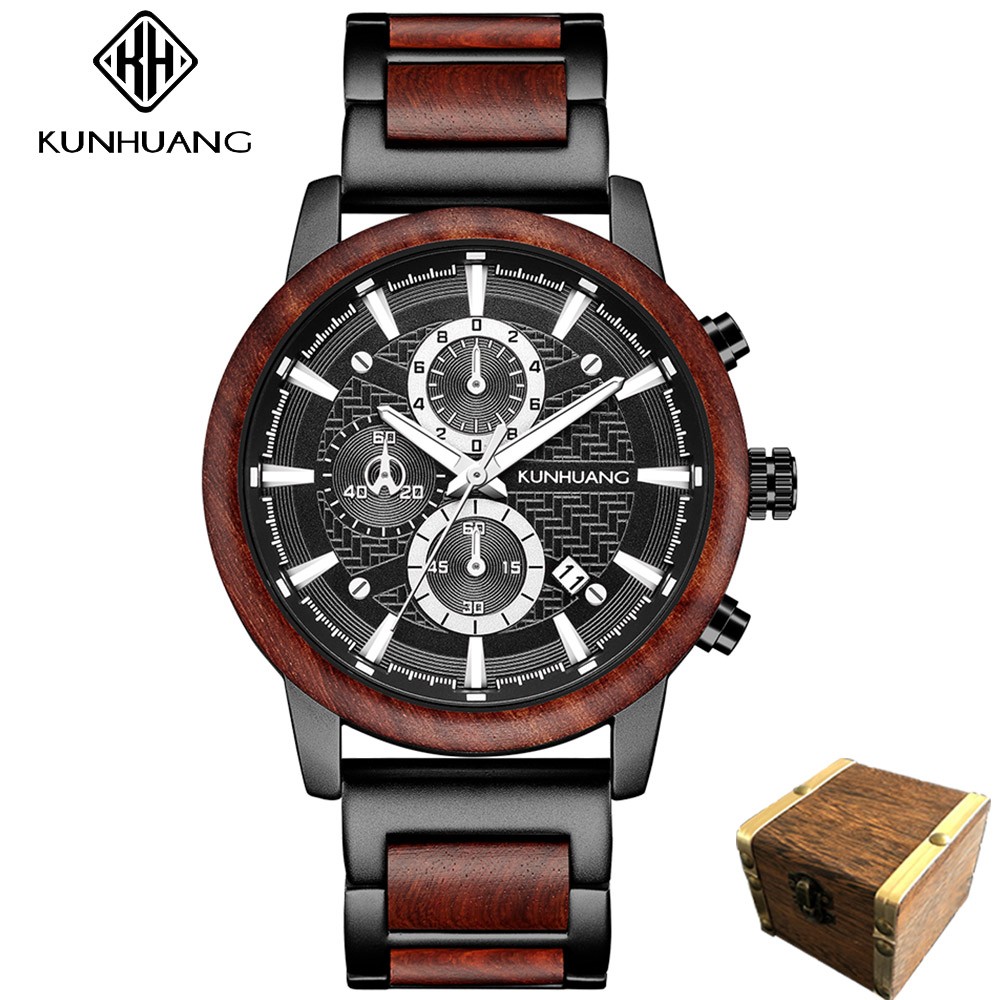 Kunhuang Luxury Wood Stainless Steel Men Watch Fashion Wooden Watches Chronograph Quartz Watches relogio masculino gift man