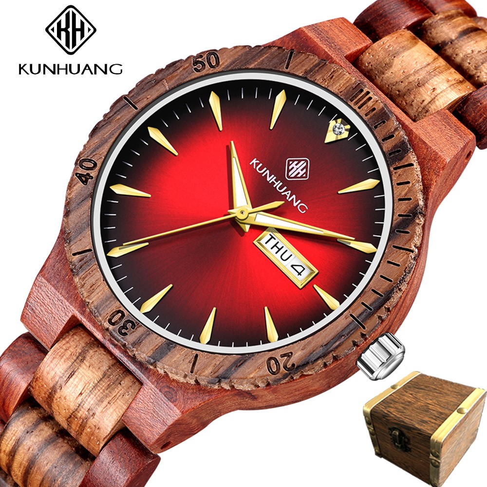 Kunhuang Men's Watch Colorful Dial Wooden Watch Week Clock Date Display Quartz Wood Wristwatch for Men Women reloj mujer