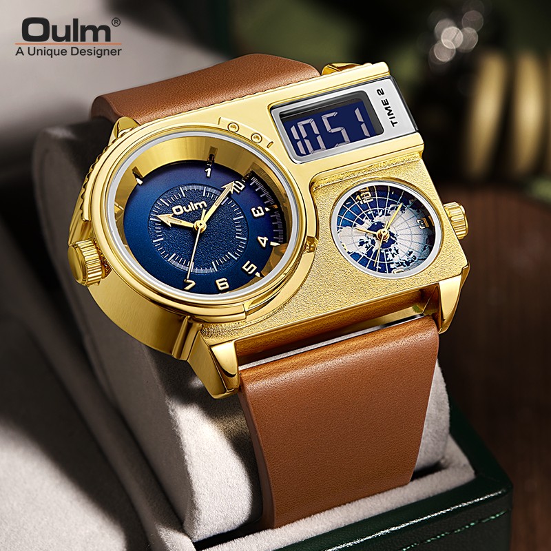 Oulm Fashion Pilot Digital Mens Watch Dual Display Multiple Time Zones Sport Leather Strap Military Oversize Quartz Male Clock