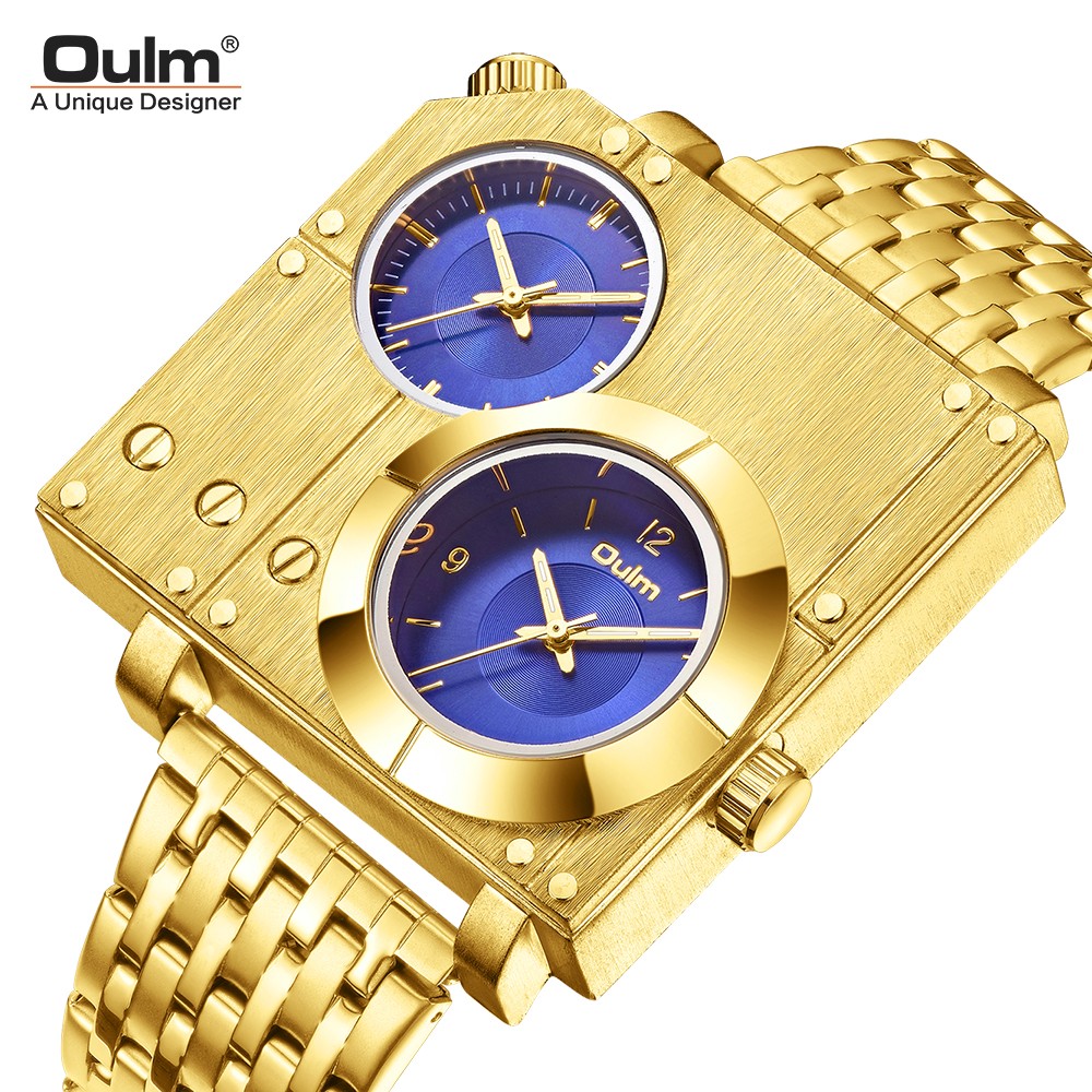 New Arrive Oulm Golden Luxury Brand Man Watch Stainless Steel Big Size Quartz Clock Two Time Zone Military Men Wristwatch