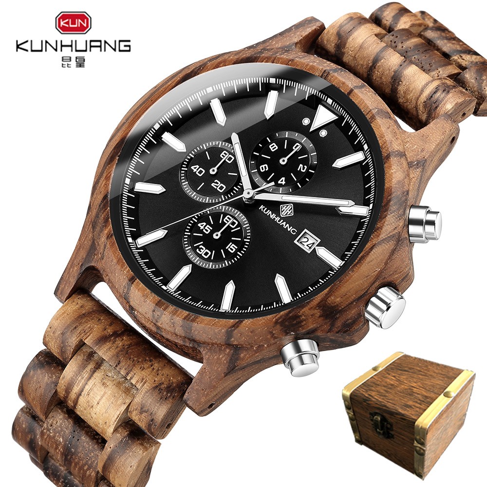 Kunhuang Handmade Wooden Watches Mens Watches Chronograph Watch Military Quartz Wristwatch Male In Wooden Gift Box Relogio