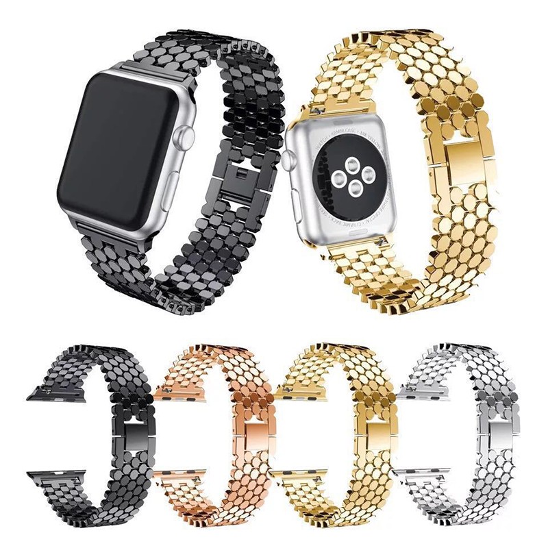 For Apple Watch Band 38mm 40mm 41mm 42mm 44mm 45mm Stainless Steel Fish Scale Pattern Wristwatch Strap for iWatch 7 6 5 4 Band