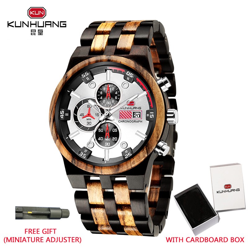 Kunhuang Wooden Mens Watch Luxury Elegant Wood Watches Chronograph Zebra Wood Quartz Watches in Wooden Gift Box reloj de hombre