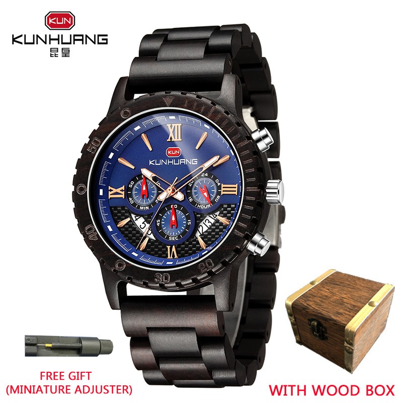 Kunhuang Luxury Brand Men's Watch Wooden Multifunctional Raw Quartz Watch High Strength Ebony Glass Case relógio masculino