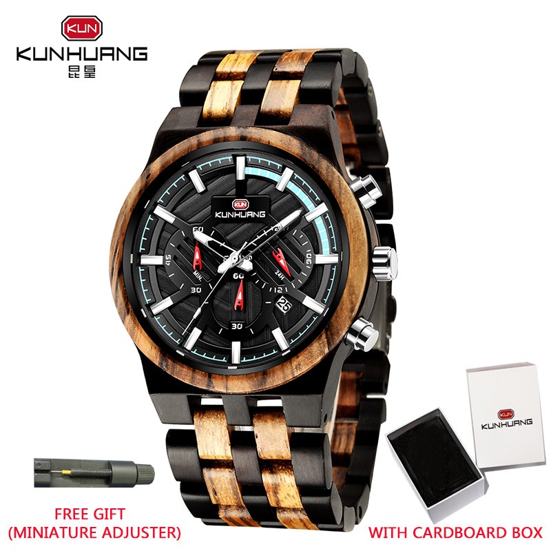 KUNHUANG Zebra Wood Men's Watch Luxury Brand Quartz Wrist Watches Wooden Gift Box Man Fashion Watch Dropshipping Herrenuhr