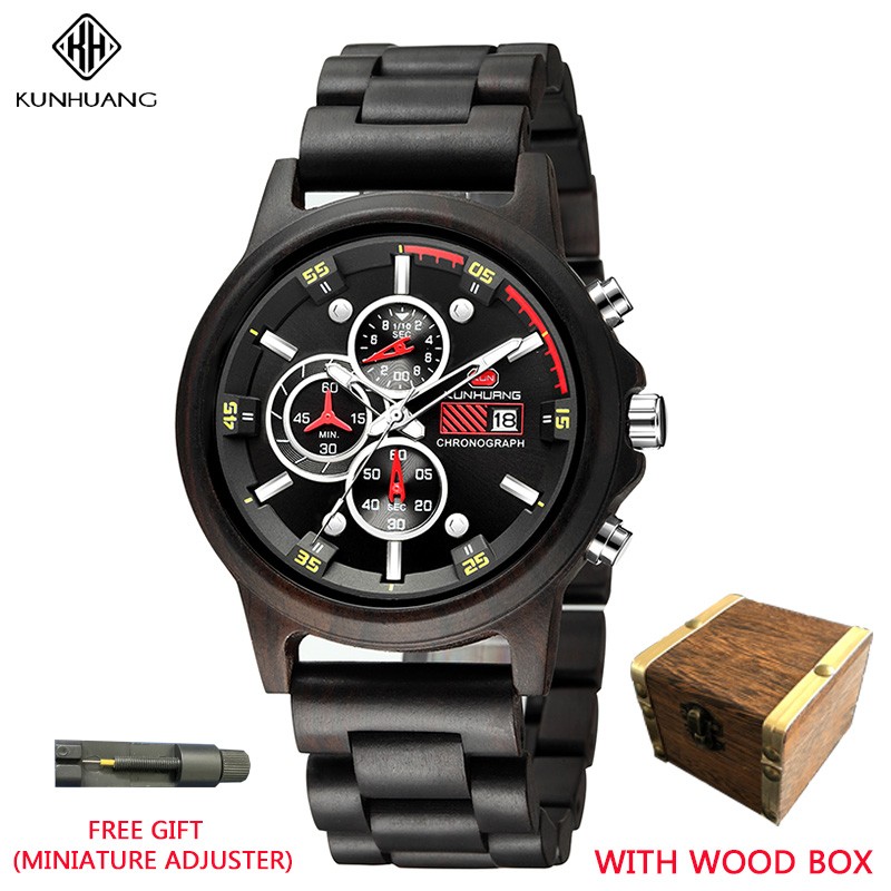 Men's Quartz Watch Multifunction Sport Luxury Stylish Wood Watches Chronograph Military Wooden Watch Relogio Masculino