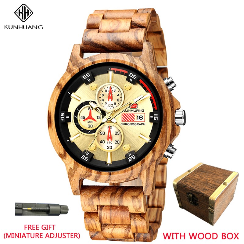 Kunhuang Luxury Natural Zebra Wood Watch Fashion Multifunction Quartz Men's Watch Chronograph Mineral Glass reloj de hombre