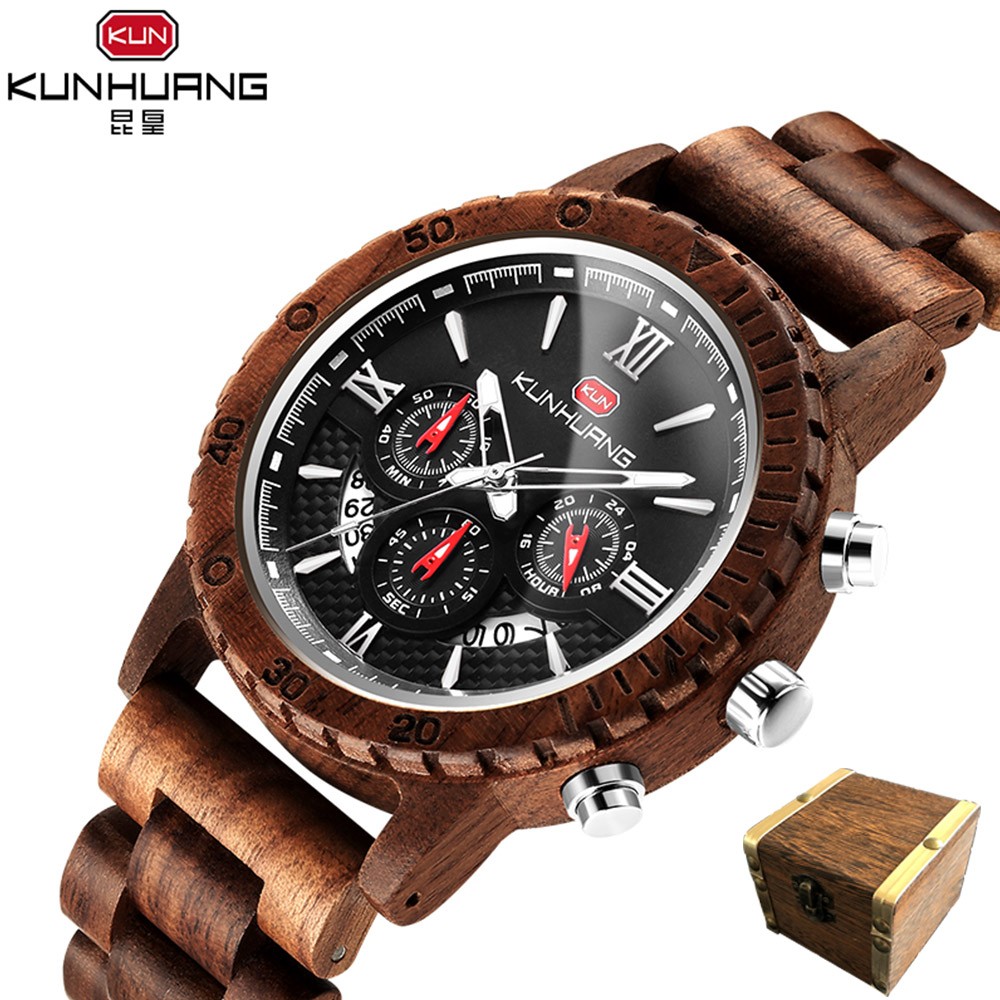 kunhuang wooden watch men erkek kol saati luxury stylish wood watches chronograph military quartz watches in wooden gift box