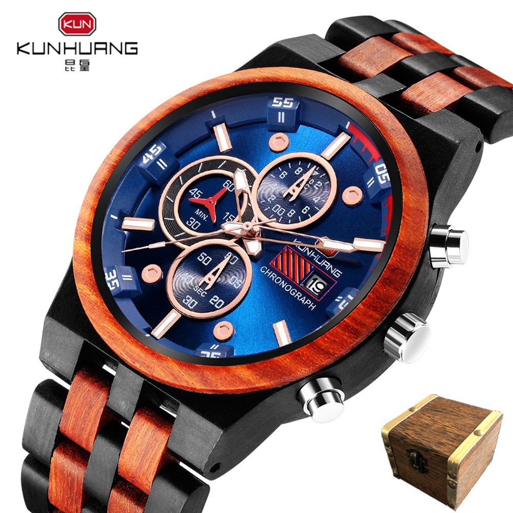 Reloj hombre KUNHUANG جديد ساعة خشبية الرجال العلامة التجارية الفاخرة كرونوغراف العسكرية ساعات كوارتز للرجل دروبشيبينغ مخصصة