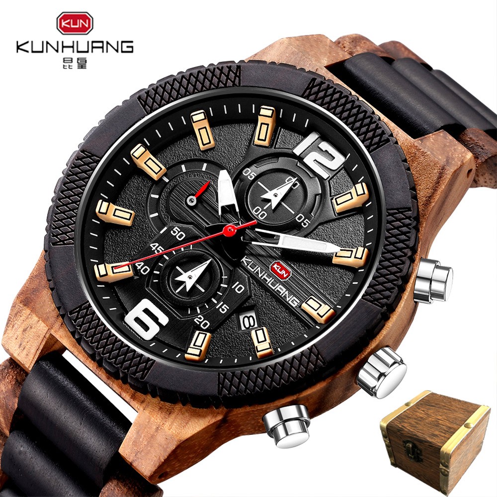 Kunhuang Luxury Wood Stainless Steel Men Watch Fashion Wooden Watches Chronograph Quartz Watches relogio masculino gift man