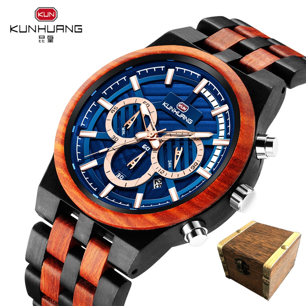 Relogio Masculino KUNHUANG Men's Wooden Watch Top Brand Luxury Stylish Chronograph Military Watches in Wooden Box reloj hom