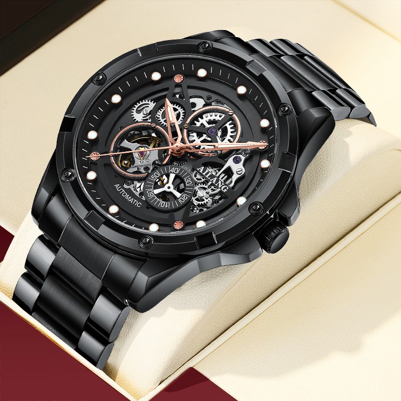 2022 AILANG Skeleton Luxury Watch Men Automatic Mechanical Watch Stainless Steel Black Waterproof Watch Relogio