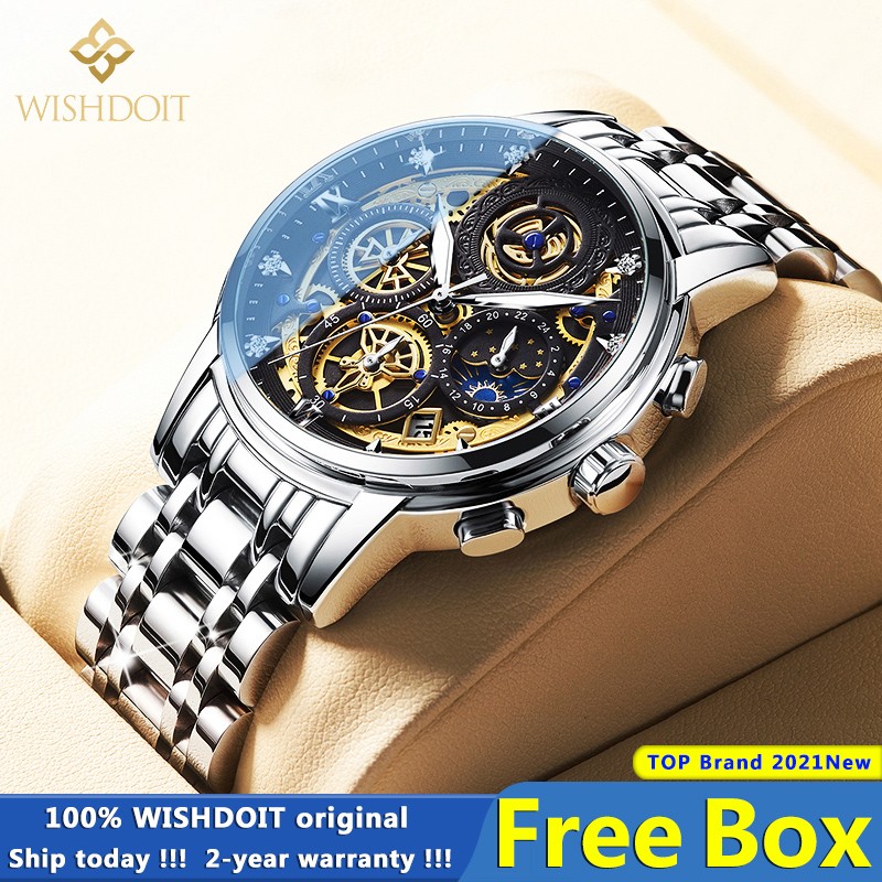 WISHDOIT Original Watch Men Waterproof Stainless Steel Quartz Analog Fashion Business Sun Moon Star Top Brand Wristwatches