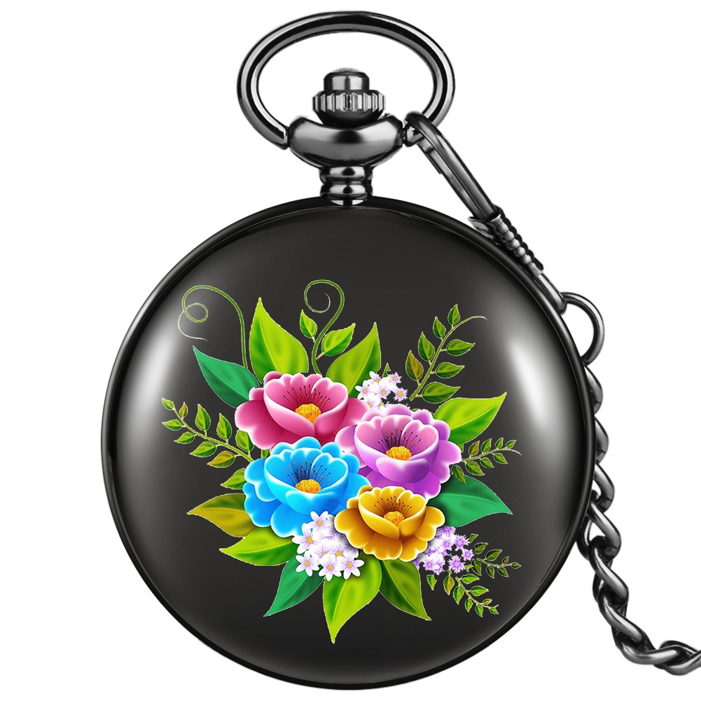 Black case vintage accept custom men women quartz chain pocket watch flower pattern classic unisex watches for girlfriend