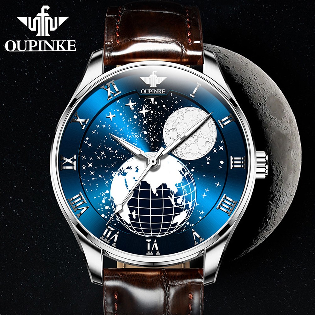 OUPINKE Men's Mechanical Watch Starry Sky Moon Phase Sapphire Crystal Glass Automatic Leather Business Wristwatch for Mature Male