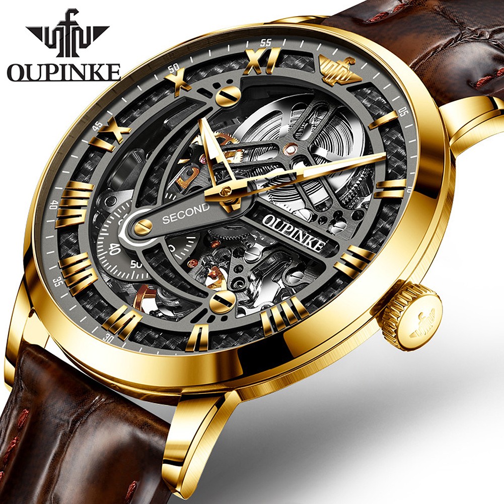 Top Brand OUPINKE Luxury Men's Mechanical Wristwatch Automatic Watch Men Classic Skeleton Leather Sapphire Waterproof