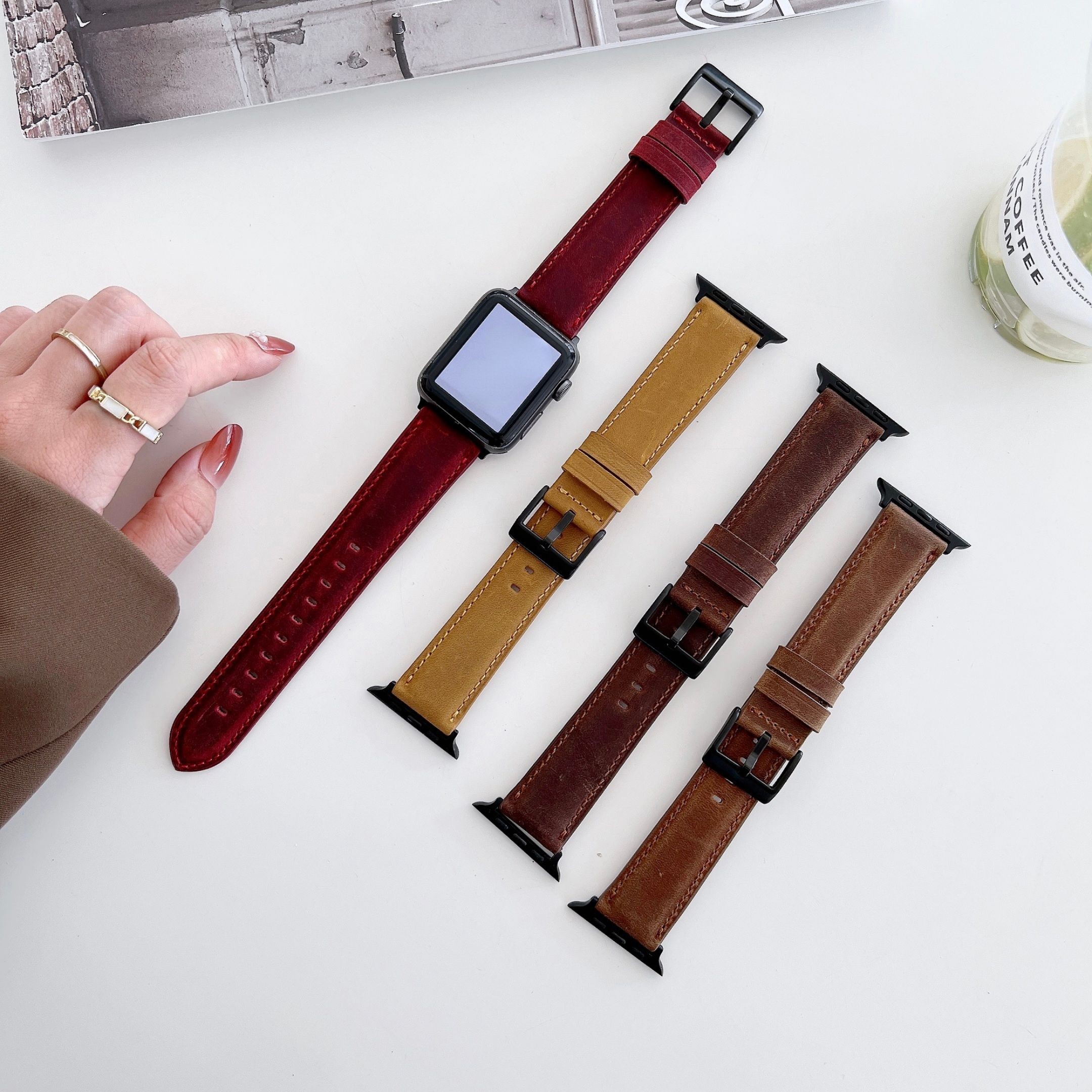 Leather strap for apple watchband 44mm 40mm 45 41mm 38mm 42mm single round wirstband bracelet for iWatch series 5 4 3 6 se 7 band