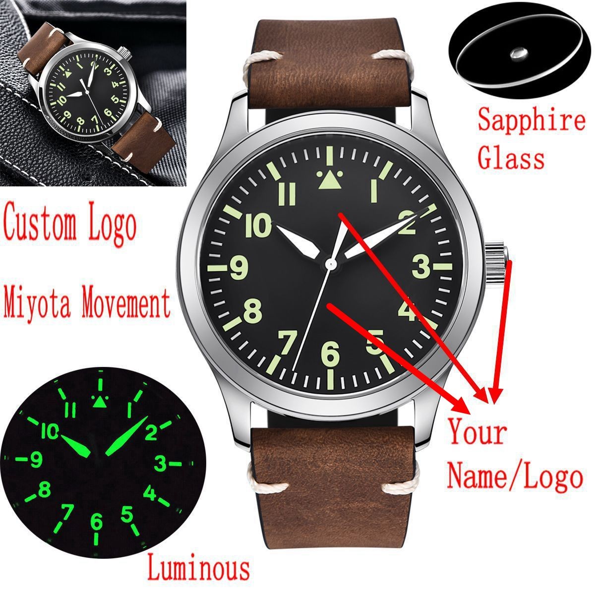 Custom Logo Sapphire Miyota Automatic Corgeut Watch 42mm Military Men Sport Sterile Dial Luminous Leather Mechanical Wristwatch