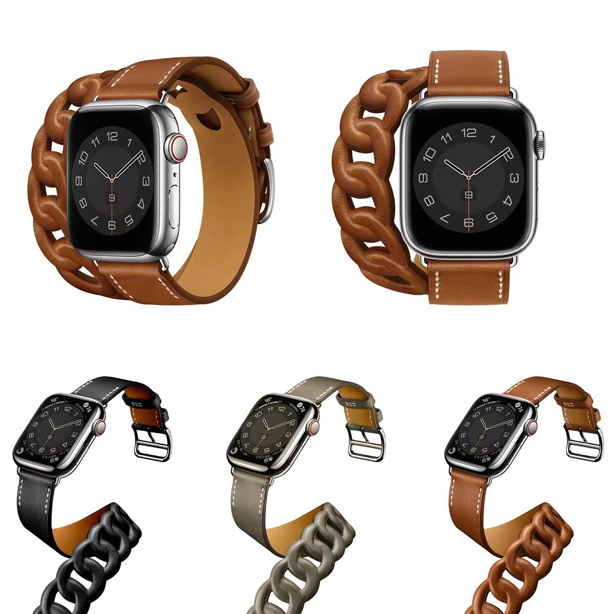 Leather Strap for Apple Watch Band 7 45mm 41mm Double Loop Circle Bracelet Wristband for iWatch 7 6 5 4 3 SE 44mm 42mm 40mm 38mm