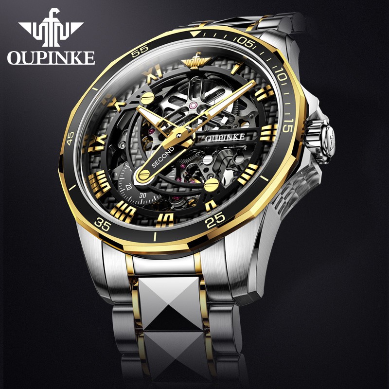 OUPINKE watch for men luxury brand men mechanical wristwatches skeleton design automatic watches sapphire glass watch 3178