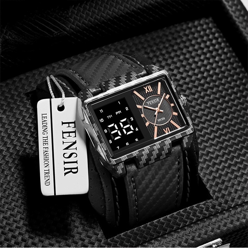 Men's Quartz Dual Display Digital Leather Bands Rectangle Fashion Watch