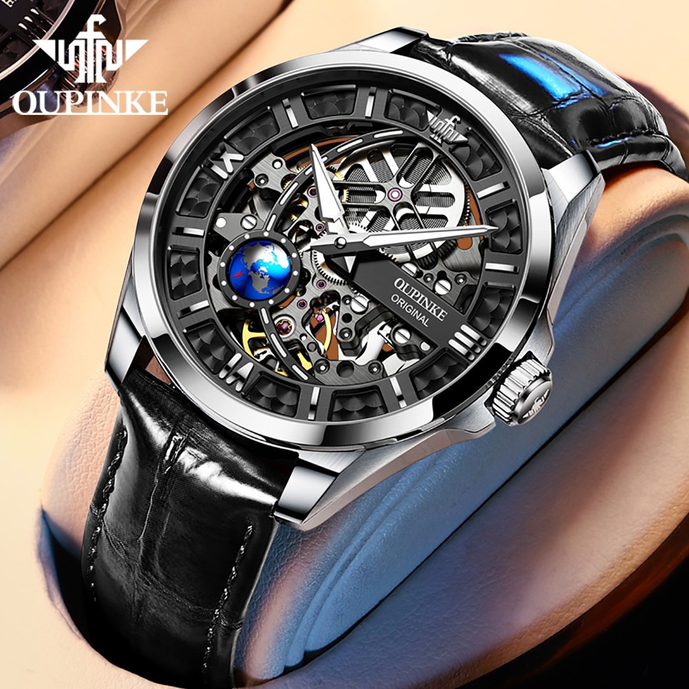 OUPINKE New Men's Automatic Mechanical Watch Skeleton Design 50M Waterproof Sapphire Mirror Leather Strap Male Watches