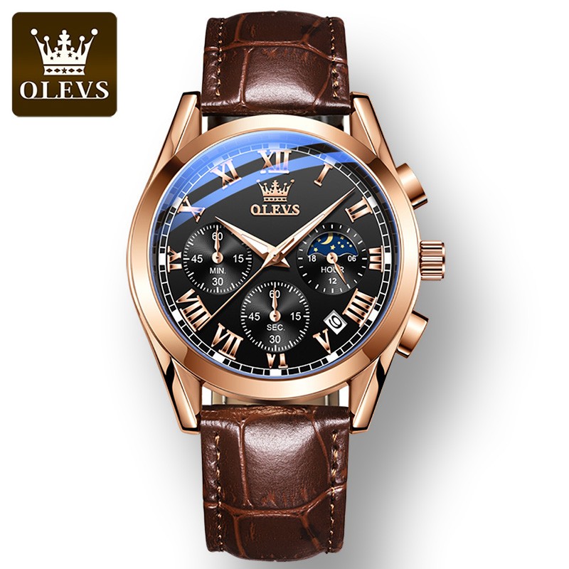 OLEVS Waterproof Corium Strap Men's Wristwatches Quartz Multifunction Three-eye Six Hand Fashion Luminous Men's Watches