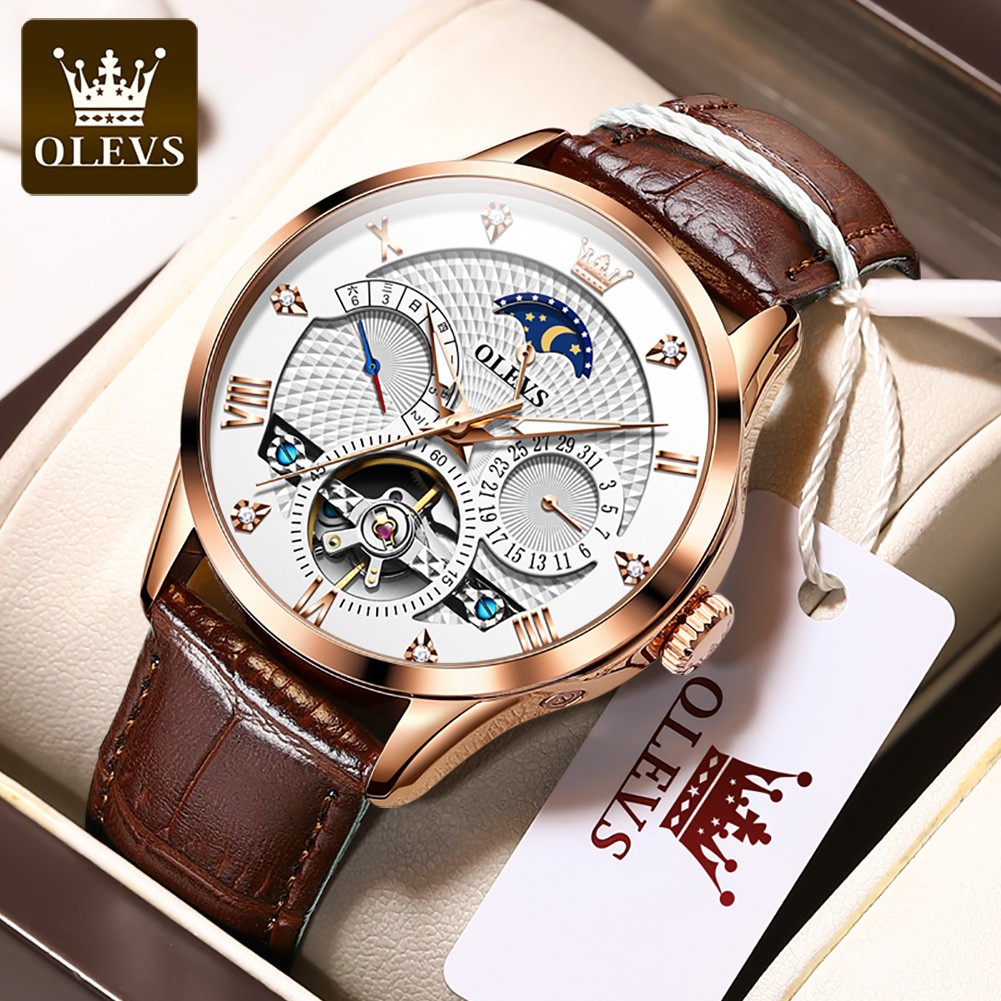 OLEVS New Luxury Men Automatic Mechanical Watch Waterproof Luminous Hollow Watches for Men Leather Strap Moon Phase Calendar