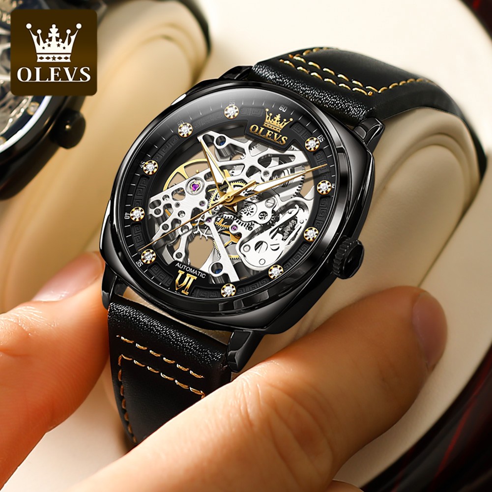 OLEVS Watch for Men Luxury Brand Diamond Automatic Mechanical Wristwatches Skeleton Design Waterproof Leather Men's Watches