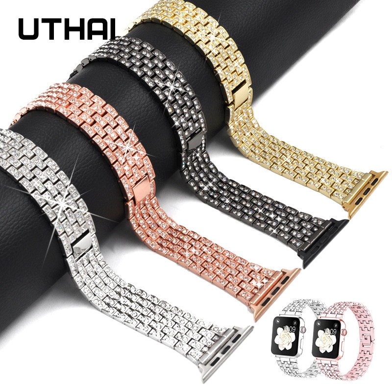 UThai P70 Watch for Men Apple Watch 44mm 38mm 40mm 42mm Series 7 Bands Smart Watch Stainless Steel Bracelet Strap with Diamonds