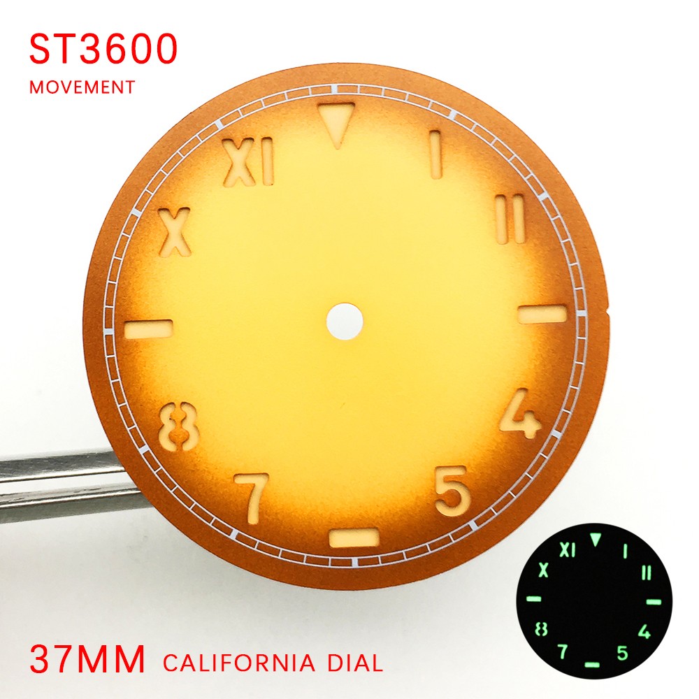 Watch Parts 37mm California Manual Winding Watch Gradient Yellow Literally Aseptic Dial For ETA 6497 ST3600 Caliber Luminous