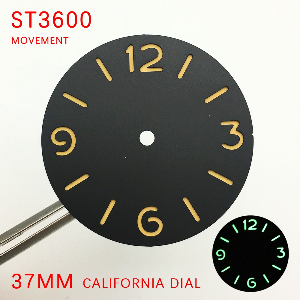 Watch Parts 37mm California Manual Winding Black Watch Literally Aseptic Dial For ETA 6497 ST3600 Caliber Luminous