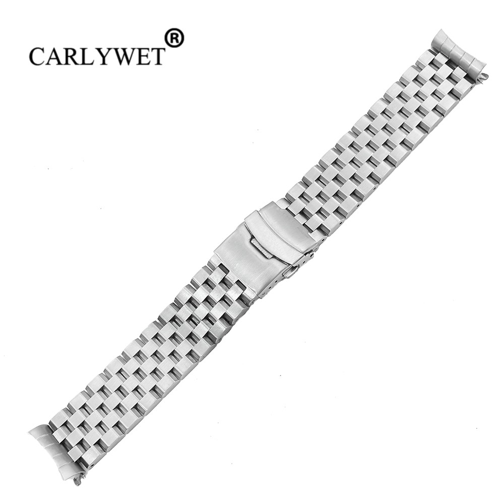 CARLYWET 20 22mm Silver Hollow Curved End Solid Links Replacement Watch Band Strap Bracelet Double Push Clasp for Seiko