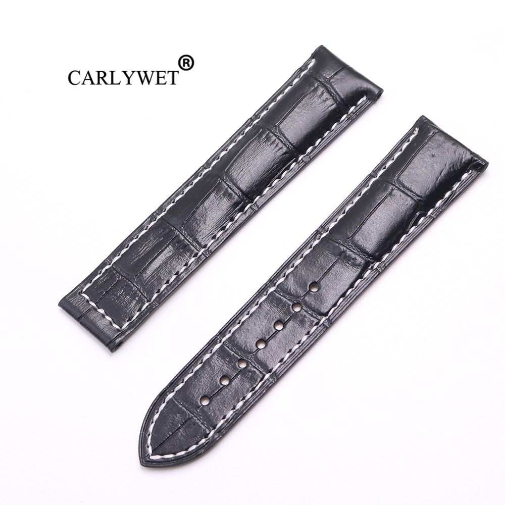 CARLYWET 20 22mm Wholesale Black With White Stitches High Quality Genuine Leather Replacement Watch Band Strap Strap For Omega