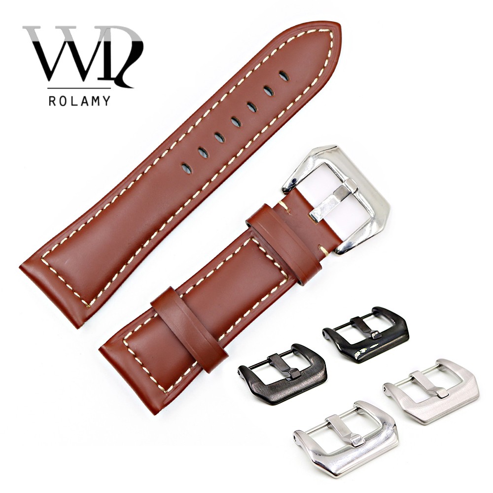 Rolamy - Soft Brown Genuine Leather Watch Strap Thickened Replacement Watch Strap Handmade with Pre-V Screw Buckle 22 24 26mm