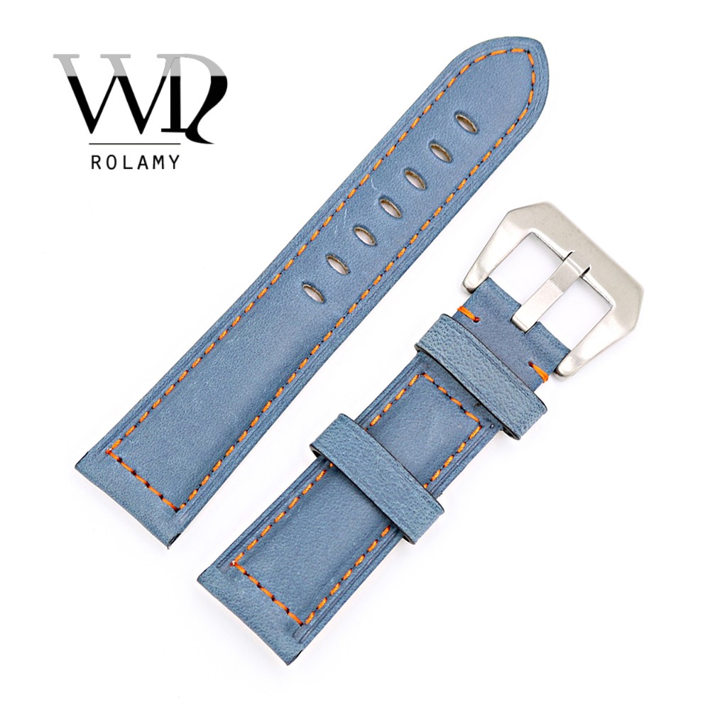 Rolamy - Watch strap 22 24mm, polished silver buckle watch strap, blue, genuine leather, handmade, thick, antique