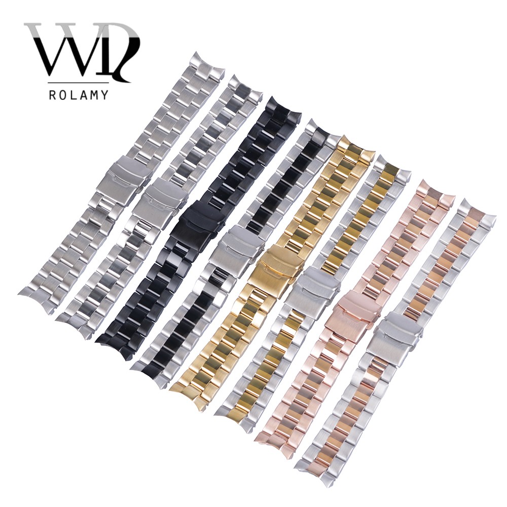 Rolamy 22mm Top Quality Gold Stainless Steel Wrist Watch Band Replacement Metal Watchband Bracelet Double Push Clasp for Seiko