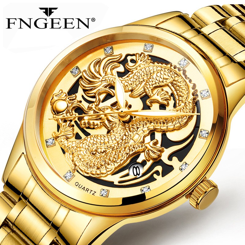 FNGEEN Mens Watches Luxury Brand Chinese Golden Dragon Quartz Watch Diamond Dial Stainless Steel Watch Male Relogio Masculin