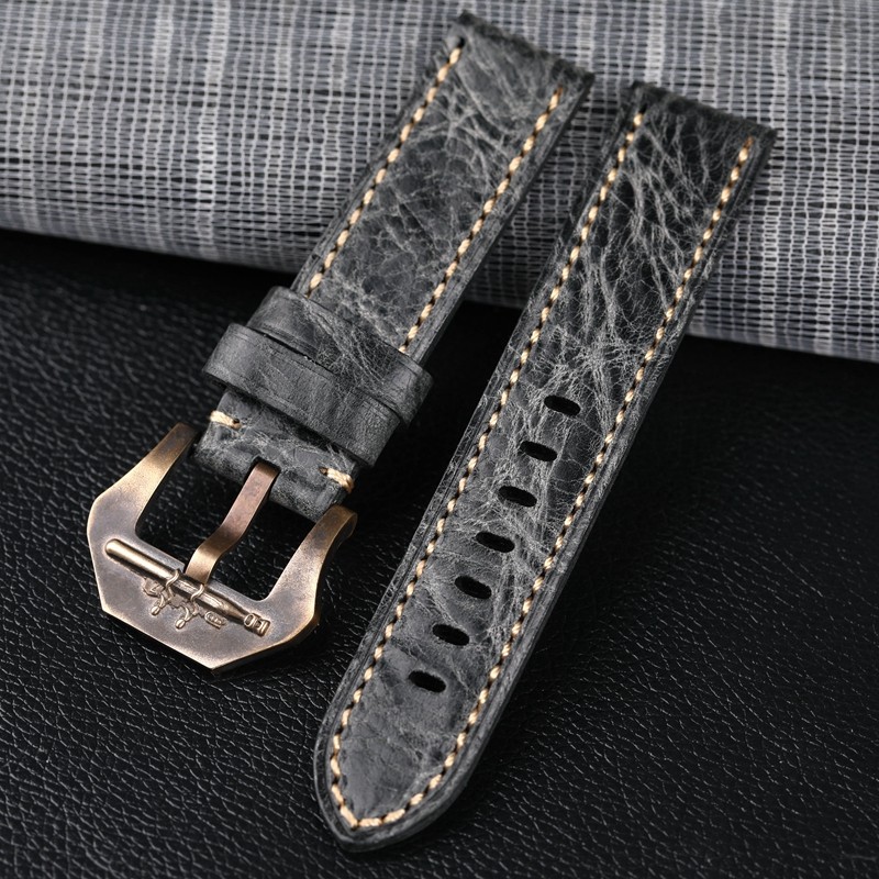 Handmade Genuine Leather Strap Gray Italian Top Layer Cowhide Leather Strap 20 22 24 26mm Matching Matching Bronze Watchband Accessories