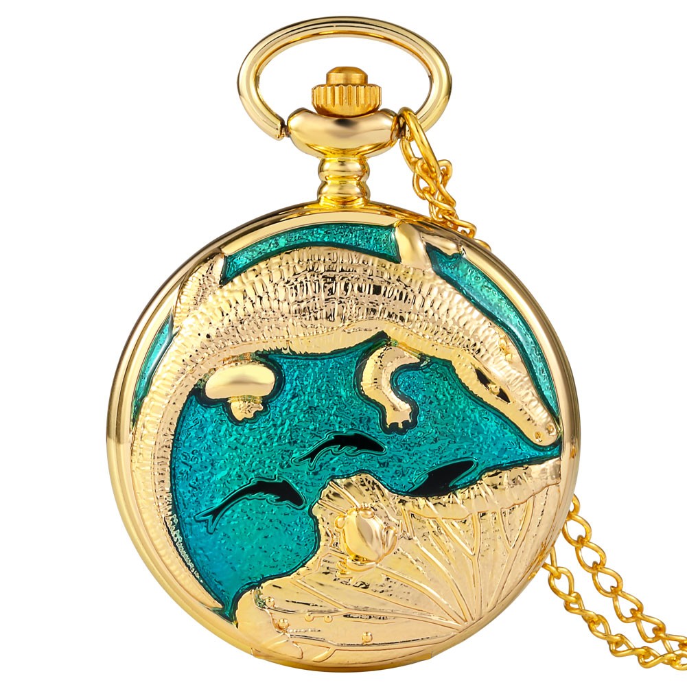 2022 New Style High Grade Gold Temperament Pocket Watch Blue Glue Dripping Crocodile Pattern with Chain Quartz Movement Watches