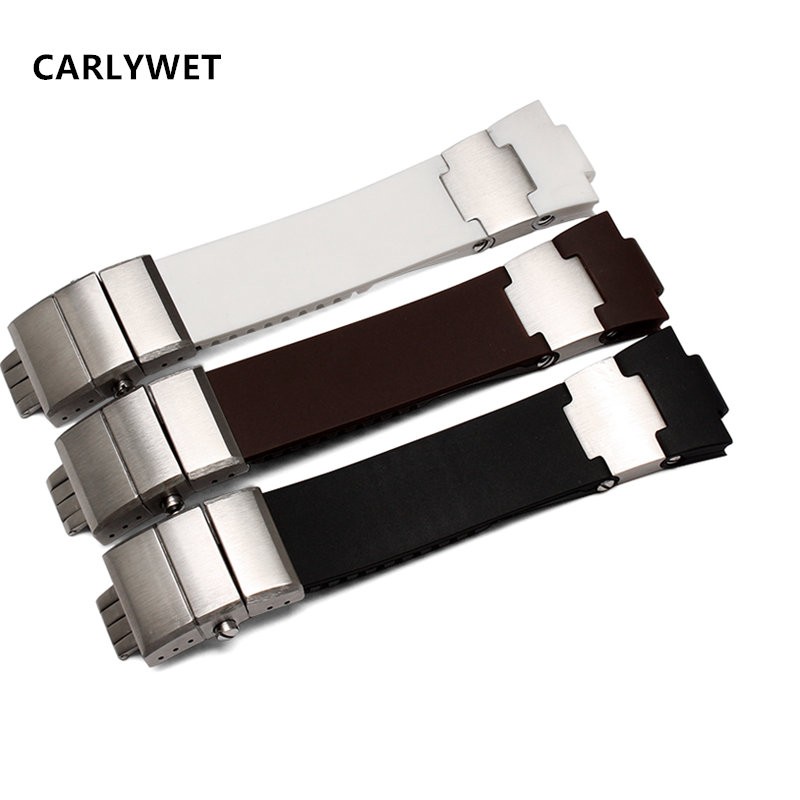 Carliot 25mm x 12mm (20mm Buckle) Black Brown White Silicone Rubber Watch Band Strap Silver Buckle Lock for Ulysse Nardin