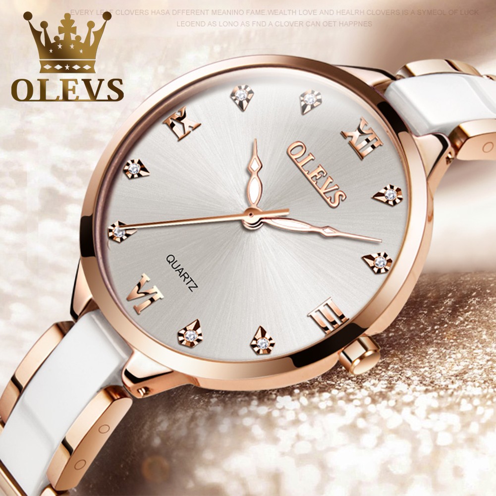 OLEVS Women Watches Fashion Trend Watch for Women Ceramic Strap Brick Dial Luminous Waterproof Quartz Wristwatch Casual Gift Set