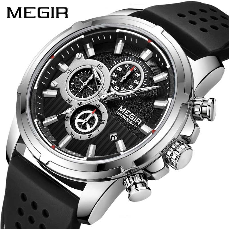 MEGIR New Sport Chronograph Silicone Mens Watches Top Brand Luxury Quartz Clock Waterproof Big Dial Watch Men's Watch