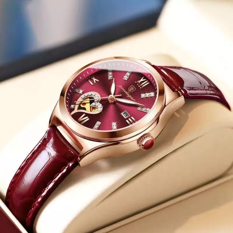 POEDAGAR 2022 Women Watches Fashion Leather Romance Red Dial Luxury Ladies Watch Waterproof Quartz Date Swiss Brand Wristwatch