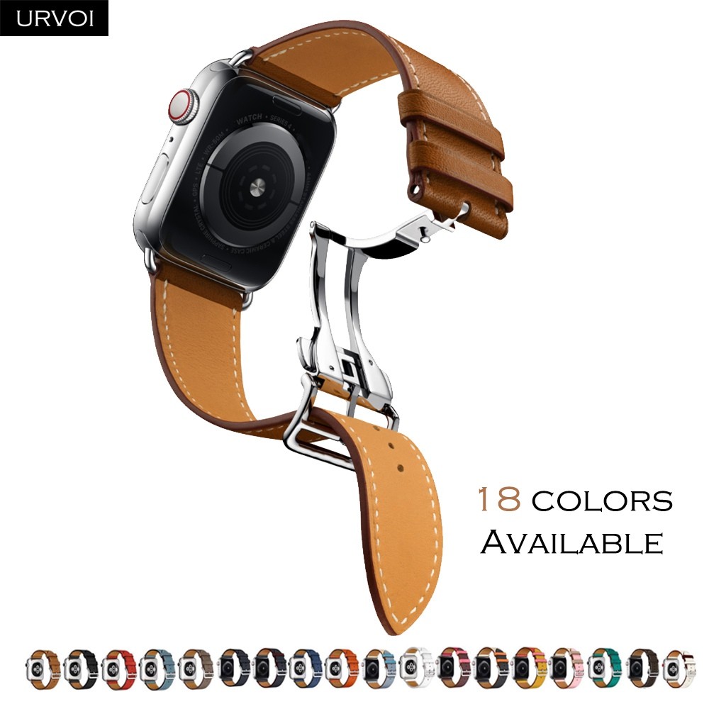 URVOI Deploy Buckle Strap for Apple Watch Series 7 6 SE 5 4 3 2 1 Strap for iwatch Strap Round Single Leather Watch Strap Swift