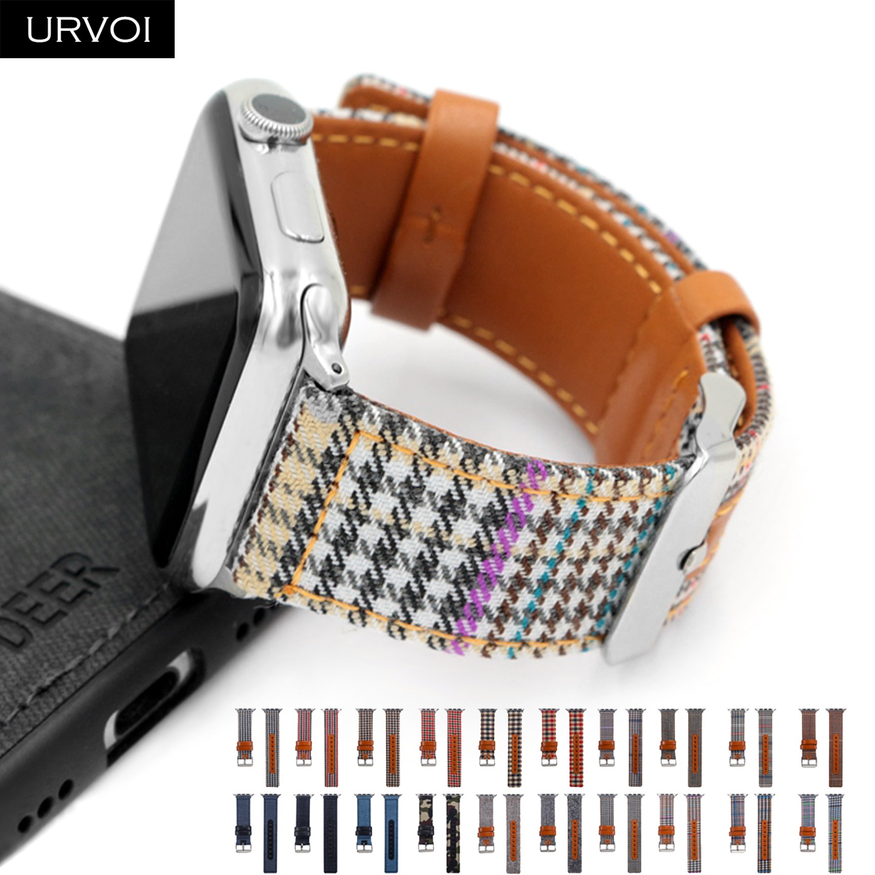 URVOI Canvas Strap for Apple Watch series 7 6 SE5 4 3 Swallow Pattern Grip Wrist Jean Strap for iwatch Classic Design Leather Back